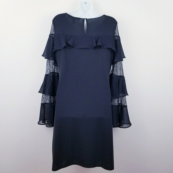 WHBM | Black Ruffled Lace Bell Sleeve Shift Dress - Picture 6 of 8